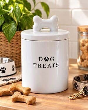 Barnyard Designs Ceramic Dog Treat Jar White Sealed Canister w/ Bone Handle Lid